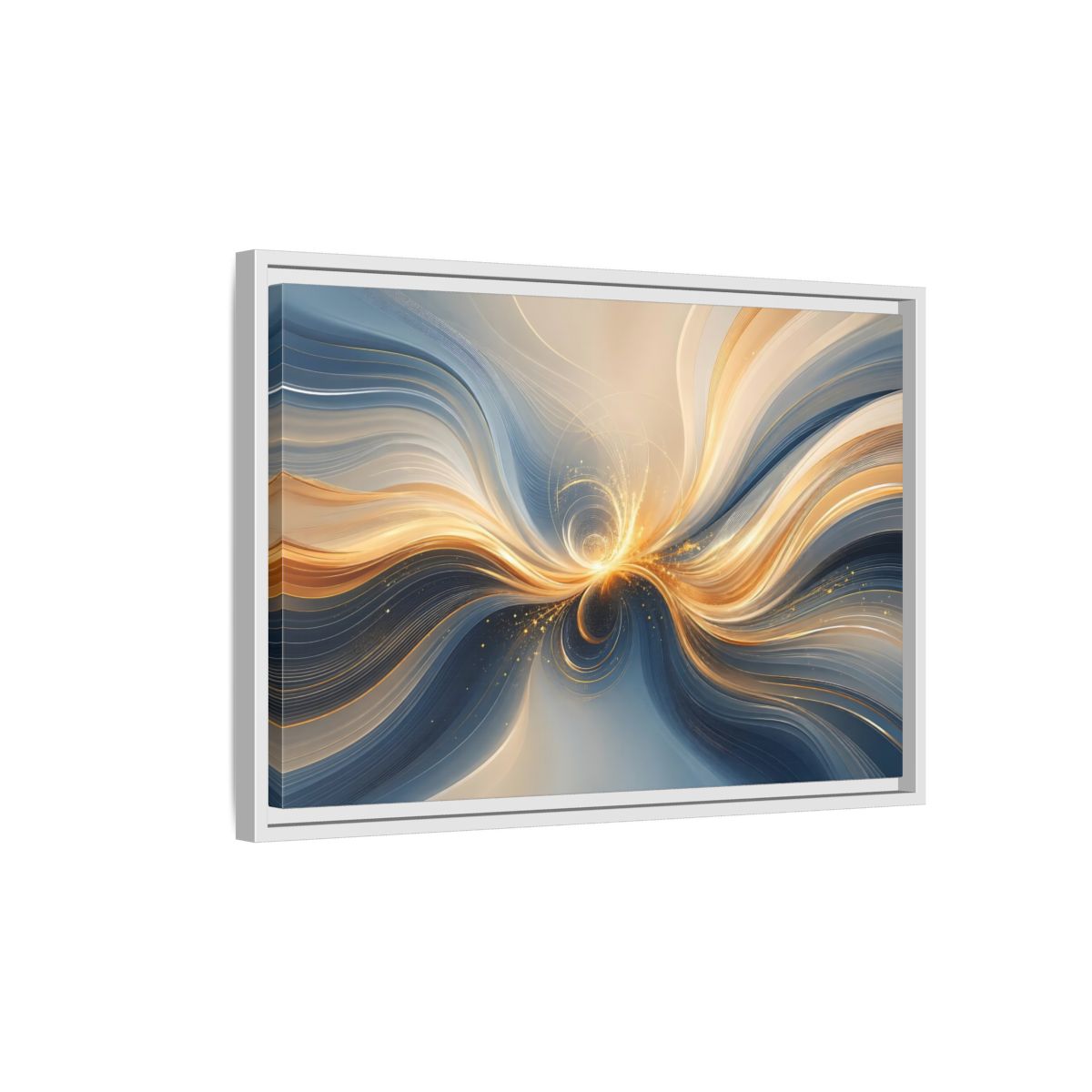 Side Mockup 1. Abstract Energy Flow Blue Gold Abstract shown as stretched canvas wall art