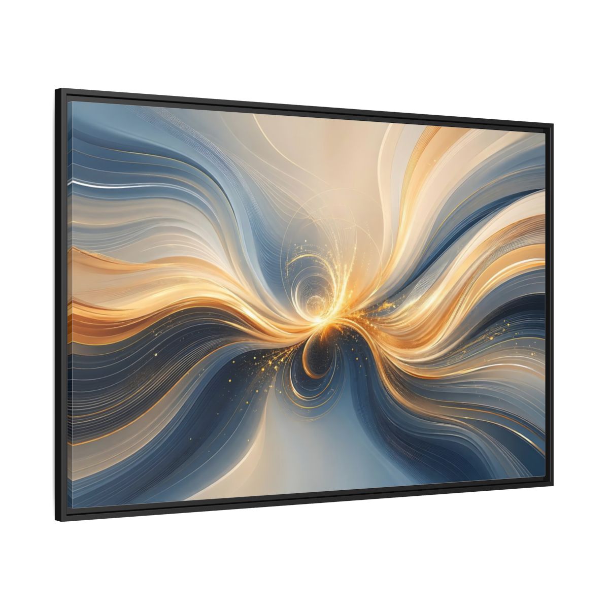 Side Mockup 12. Abstract Energy Flow Blue Gold Abstract shown as stretched canvas wall art