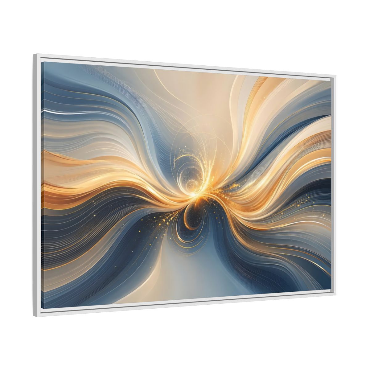 Side Mockup 7. Abstract Energy Flow Blue Gold Abstract shown as stretched canvas wall art