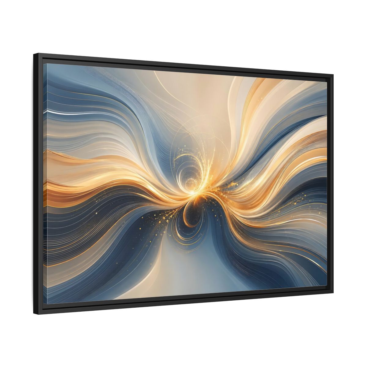 Side Mockup 13. Abstract Energy Flow Blue Gold Abstract shown as stretched canvas wall art