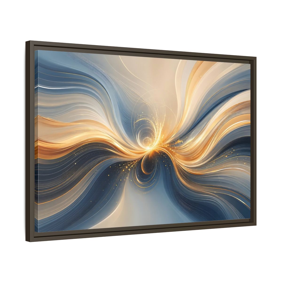 Side Mockup 11. Abstract Energy Flow Blue Gold Abstract shown as stretched canvas wall art
