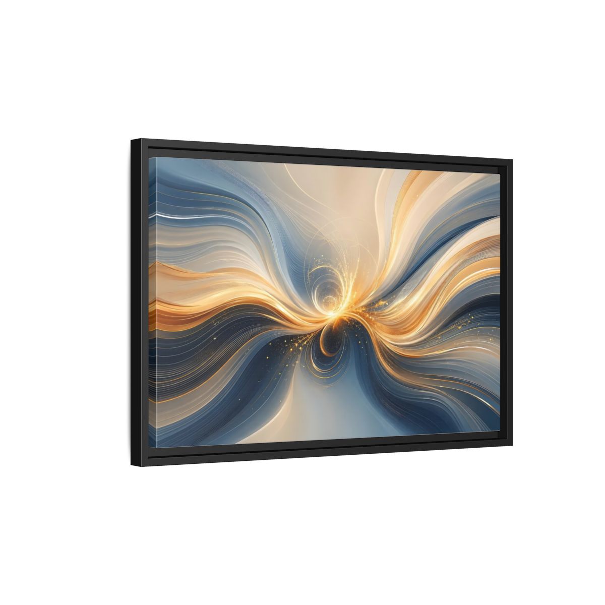 Side Mockup 3. Abstract Energy Flow Blue Gold Abstract shown as stretched canvas wall art