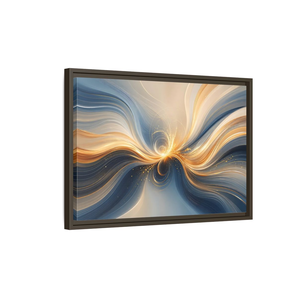 Side Mockup 2. Abstract Energy Flow Blue Gold Abstract shown as stretched canvas wall art