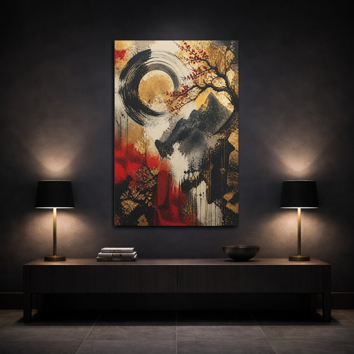 Mockup 3. Abstract Enso Cherry Branch shown as canvas print