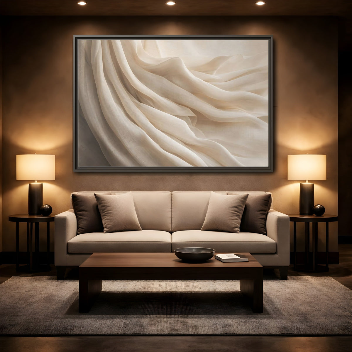 Mockup 2. Abstract Fabric Folds Cream White Fabric shown as stretched canvas wall art