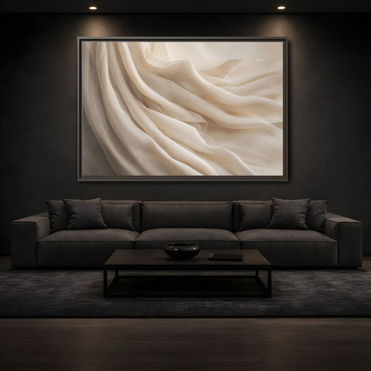 Mockup 3. Abstract Fabric Folds Cream White Fabric shown as stretched canvas wall art