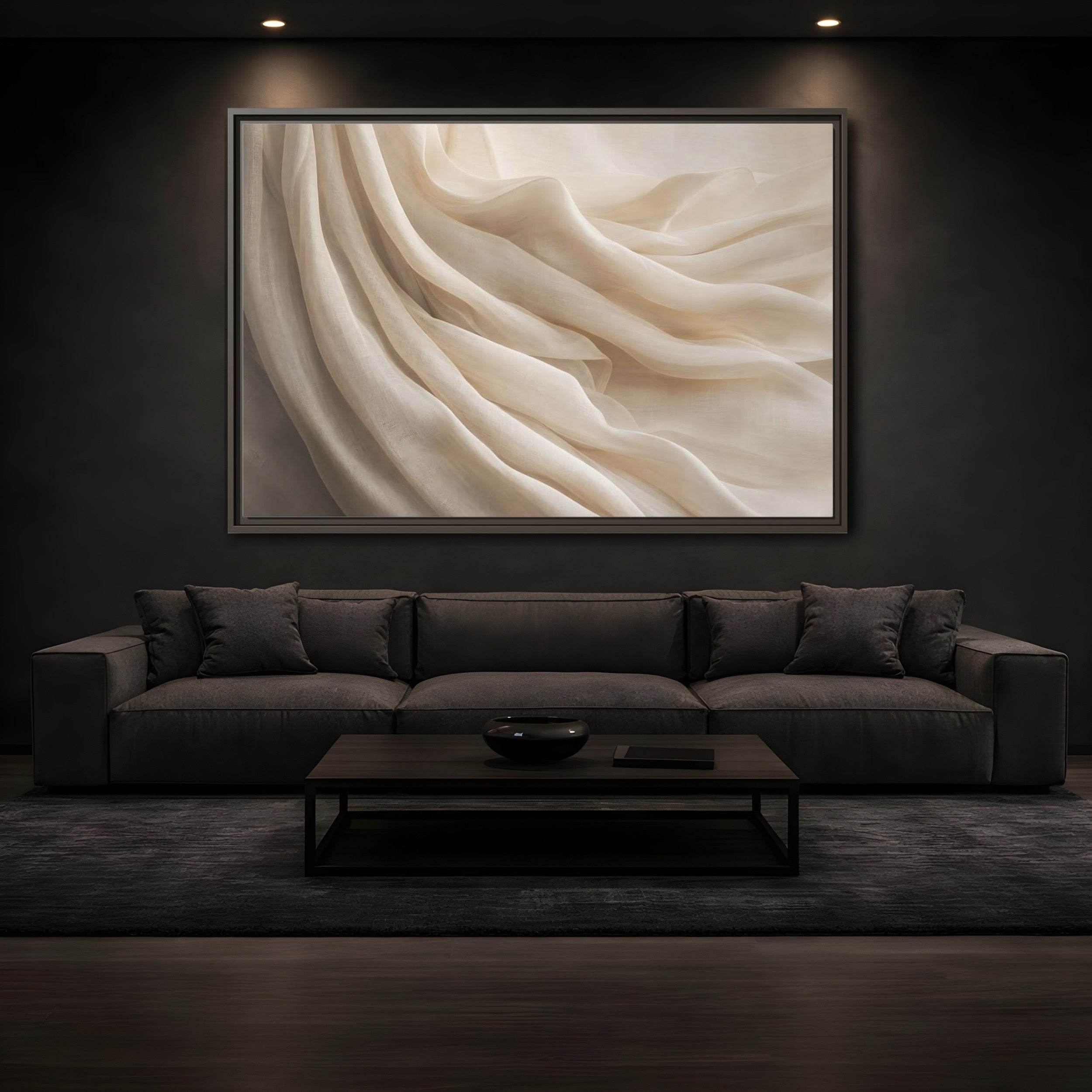 Mockup 3. Abstract Fabric Folds Cream White Fabric shown as stretched canvas wall art