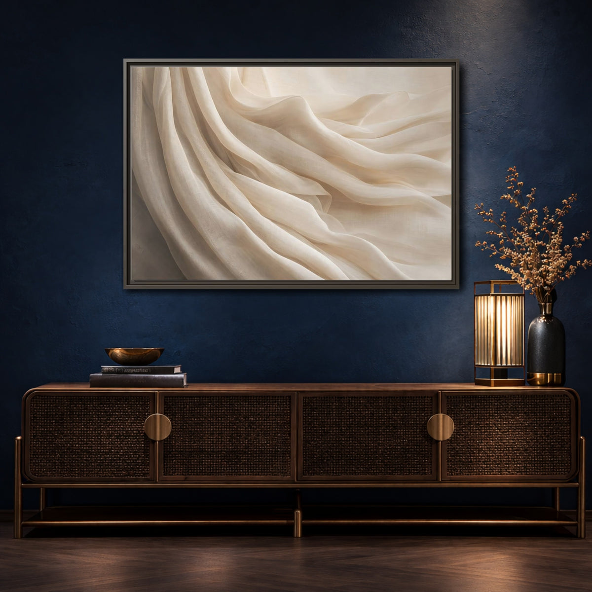 Mockup 4. Abstract Fabric Folds Cream White Fabric shown as stretched canvas wall art