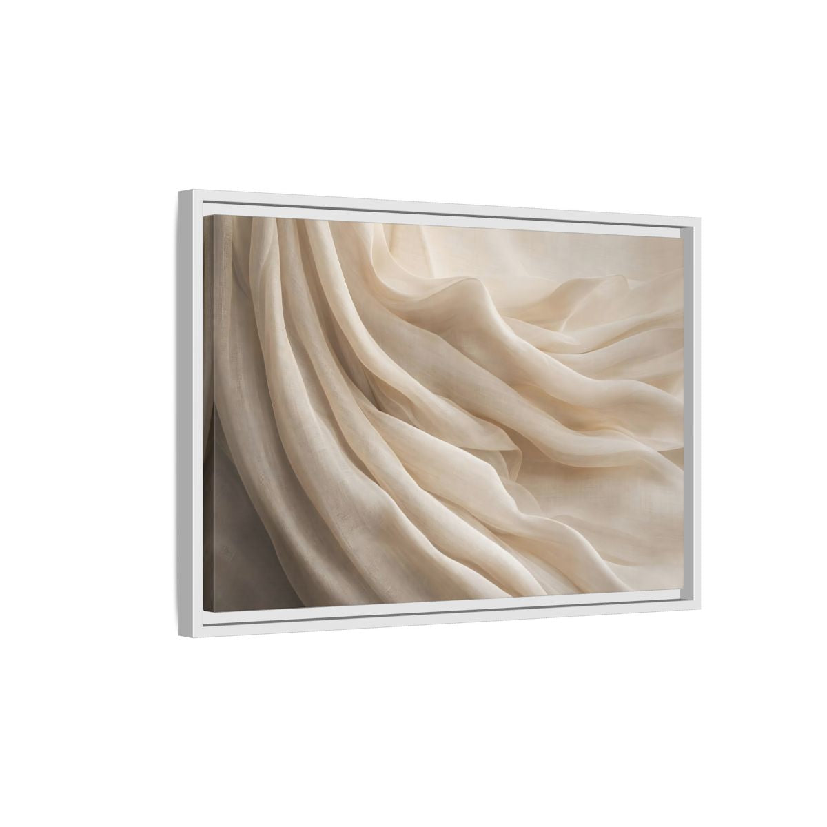 Side Mockup 1. Abstract Fabric Folds Cream White Fabric shown as stretched canvas wall art