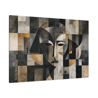 Side Mockup 1. Abstract Abstract Face Black Gold Abstract shown as stretched canvas wall art