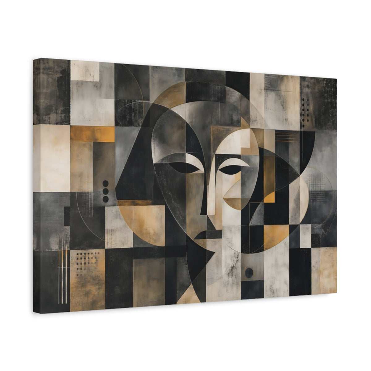 Side Mockup 3. Abstract Abstract Face Black Gold Abstract shown as stretched canvas wall art