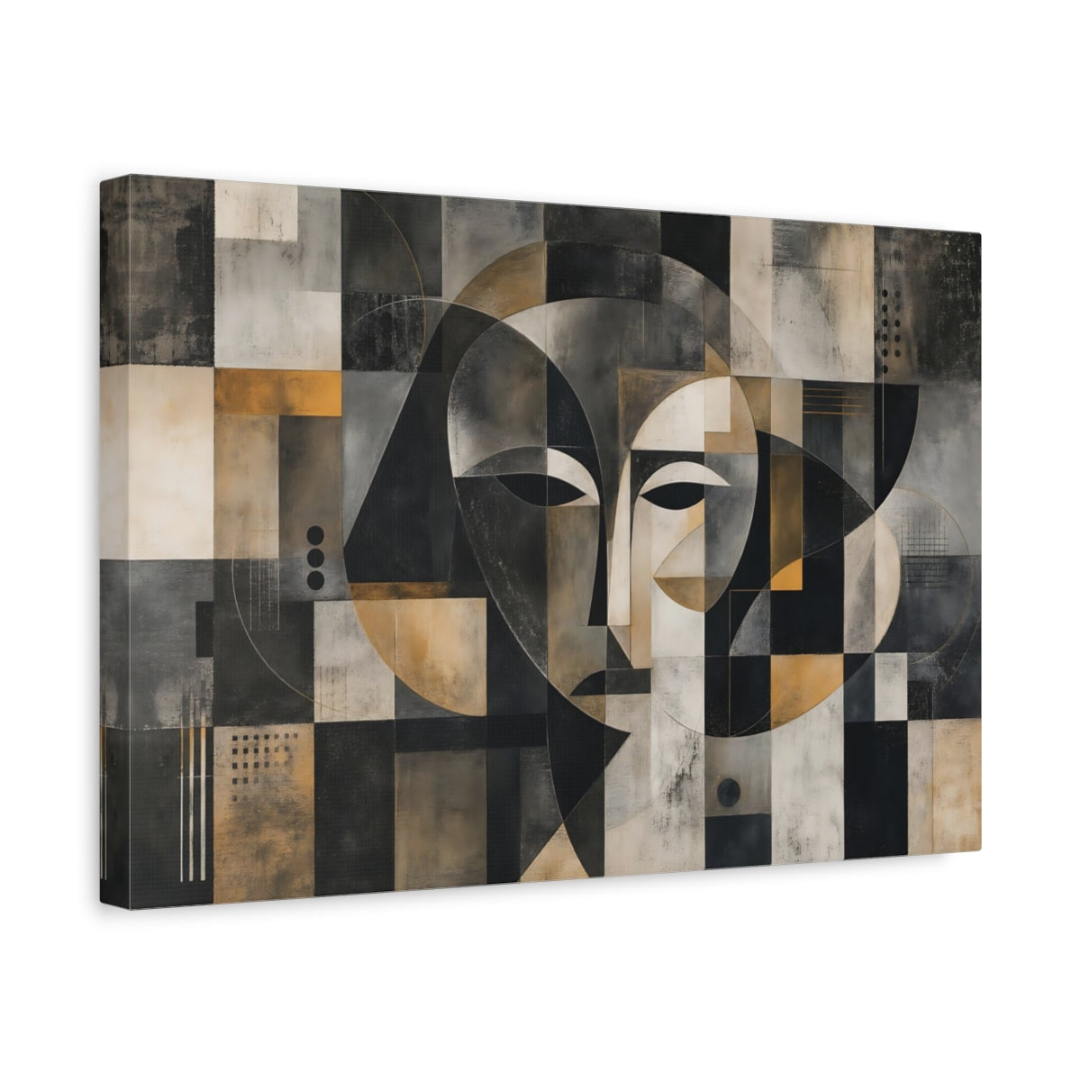 Side Mockup 4. Abstract Abstract Face Black Gold Abstract shown as stretched canvas wall art