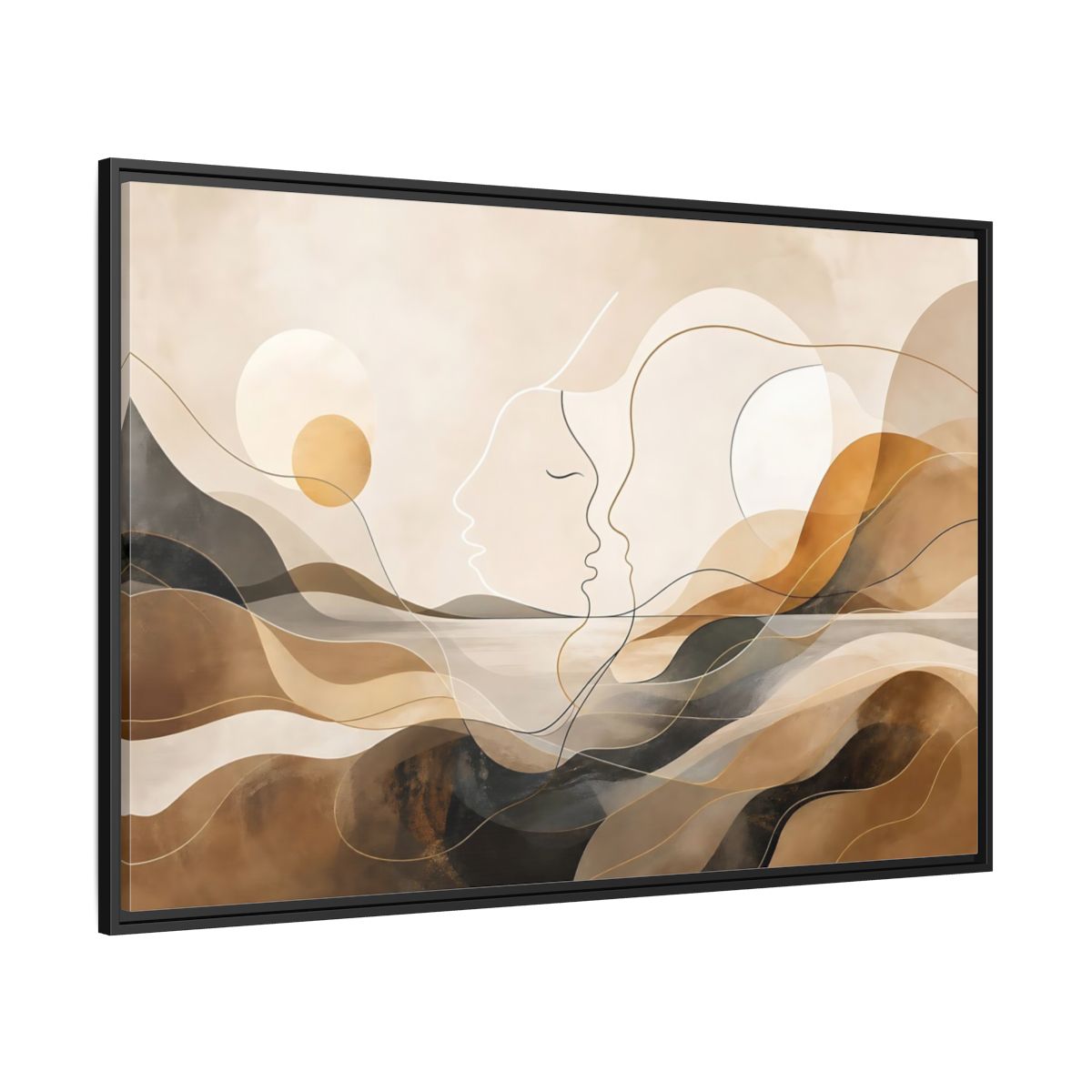 Side Mockup 12. Abstract Abstract Faces Brown Gold Abstract shown as stretched canvas wall art