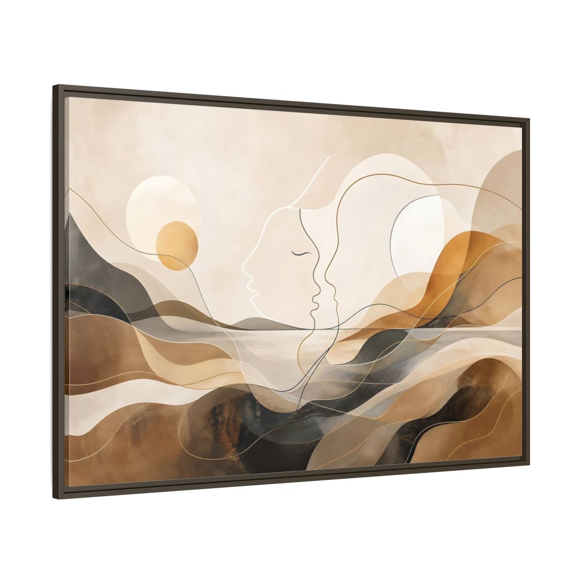 Side Mockup 8. Abstract Abstract Faces Brown Gold Abstract shown as stretched canvas wall art