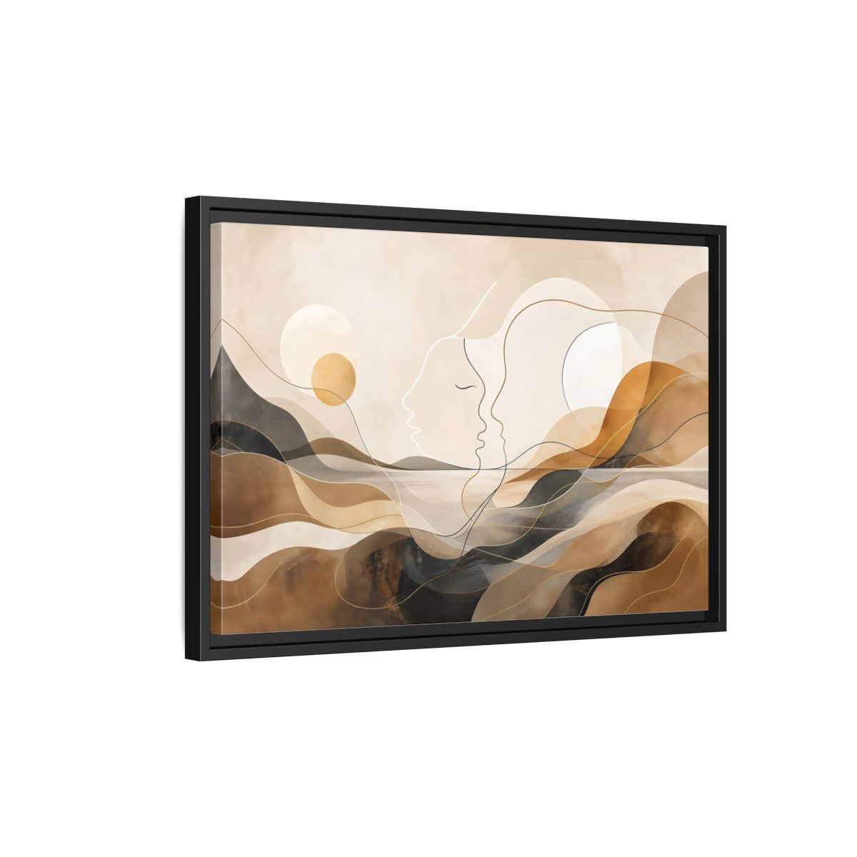 Side Mockup 3. Abstract Abstract Faces Brown Gold Abstract shown as stretched canvas wall art
