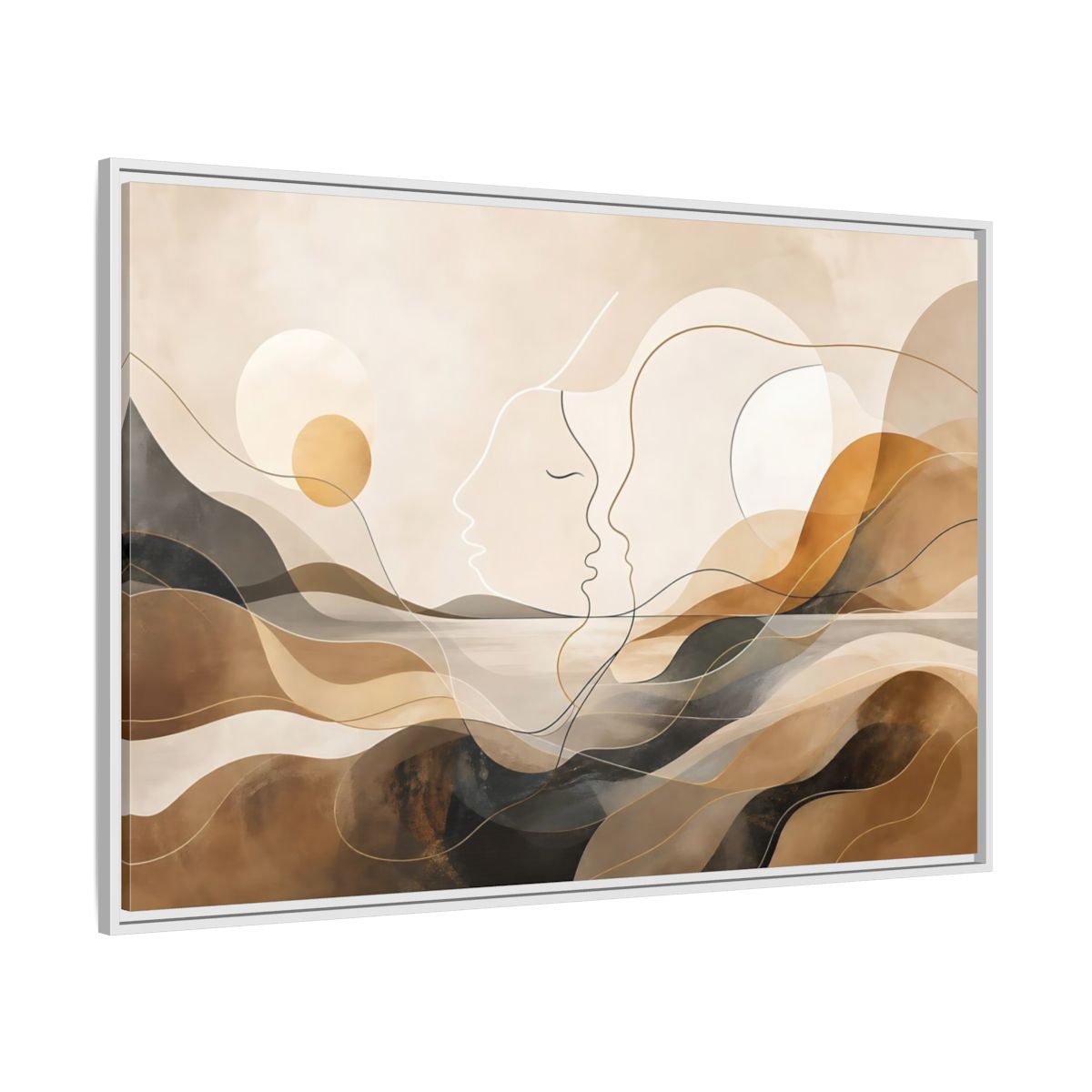 Side Mockup 7. Abstract Abstract Faces Brown Gold Abstract shown as stretched canvas wall art