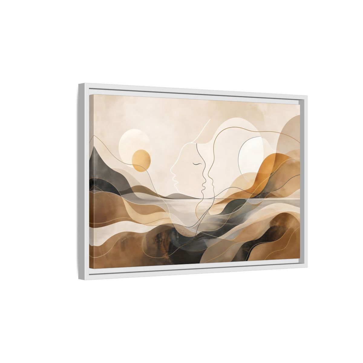 Side Mockup 1. Abstract Abstract Faces Brown Gold Abstract shown as stretched canvas wall art
