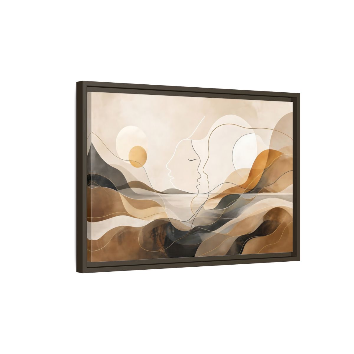 Side Mockup 2. Abstract Abstract Faces Brown Gold Abstract shown as stretched canvas wall art