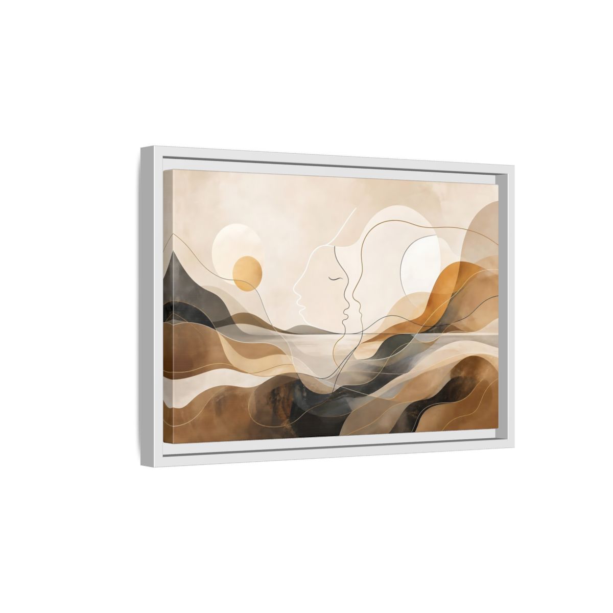Side Mockup 4. Abstract Abstract Faces Brown Gold Abstract shown as stretched canvas wall art