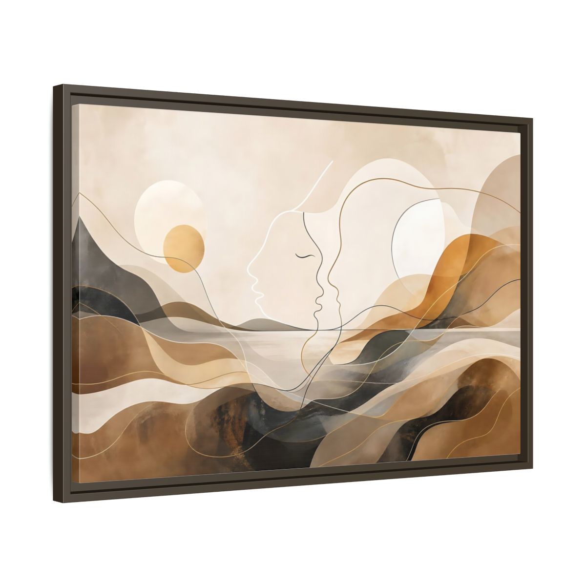 Side Mockup 11. Abstract Abstract Faces Brown Gold Abstract shown as stretched canvas wall art