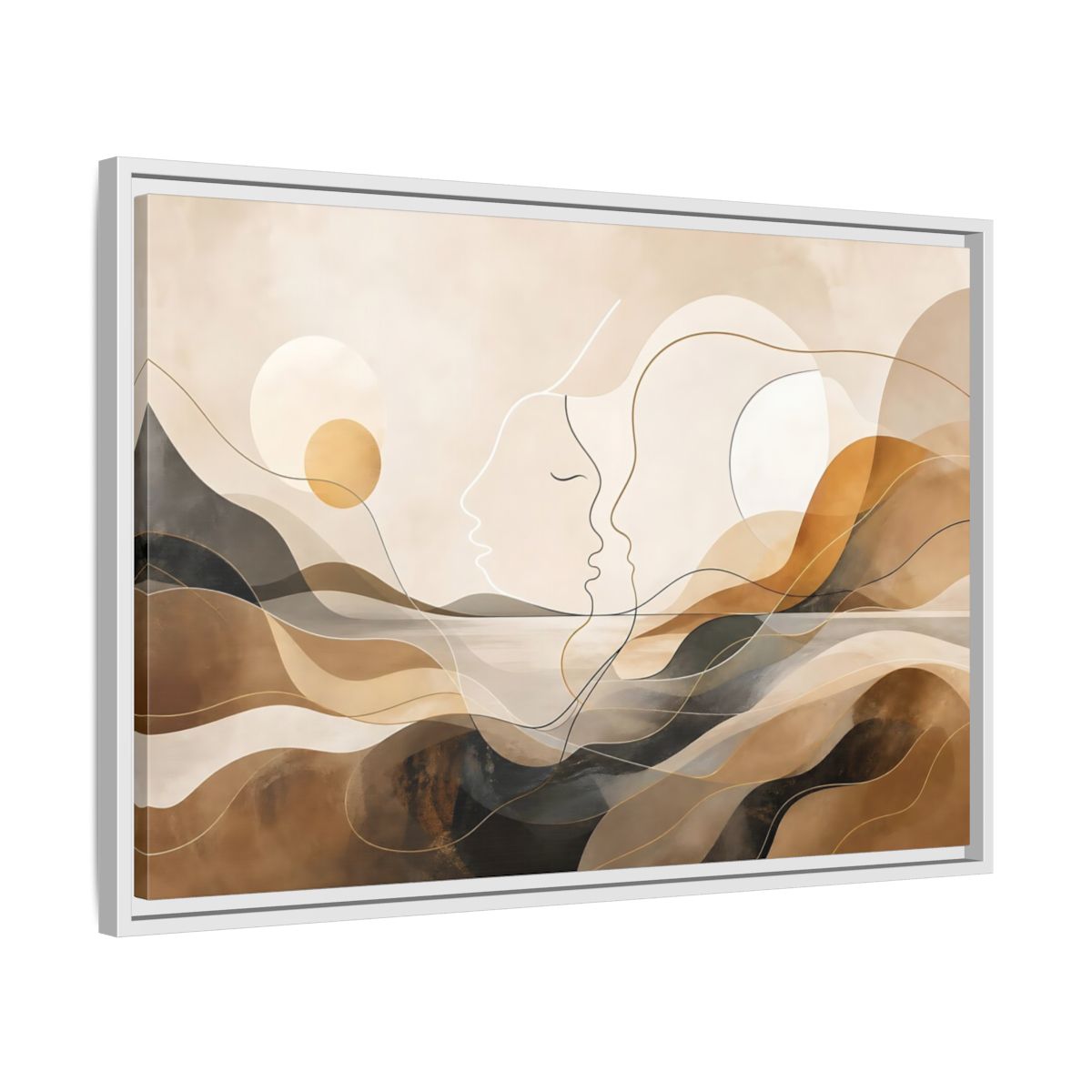 Side Mockup 10. Abstract Abstract Faces Brown Gold Abstract shown as stretched canvas wall art