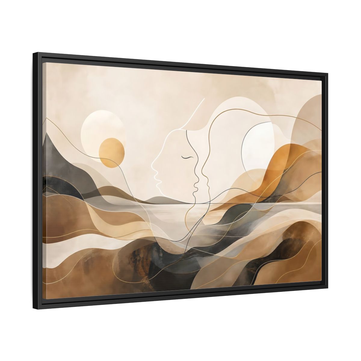 Side Mockup 13. Abstract Abstract Faces Brown Gold Abstract shown as stretched canvas wall art