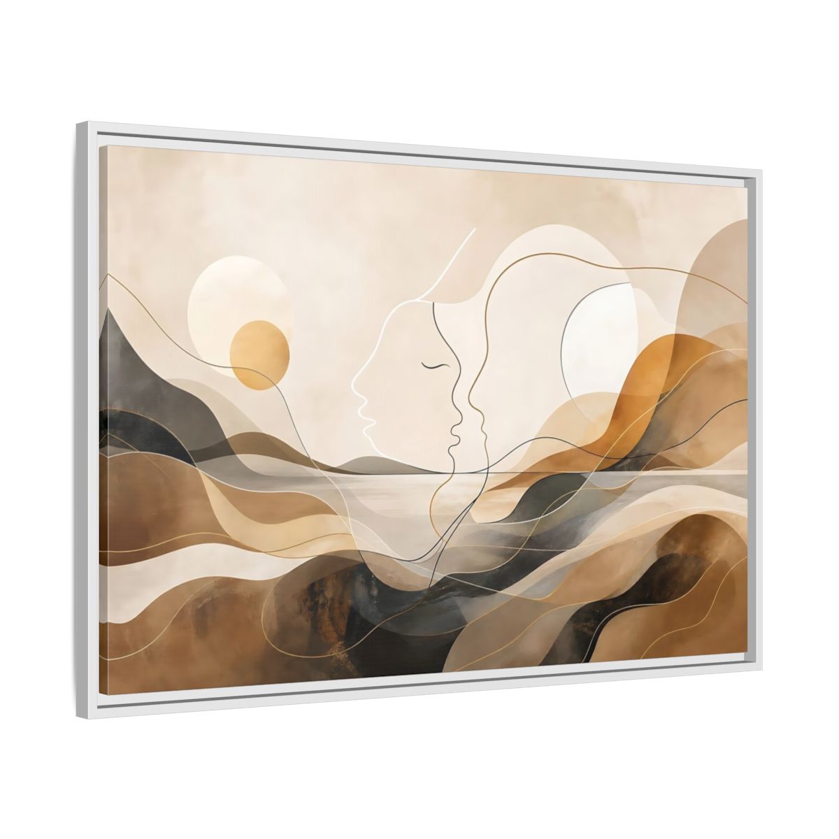 Side Mockup 9. Abstract Abstract Faces Brown Gold Abstract shown as stretched canvas wall art