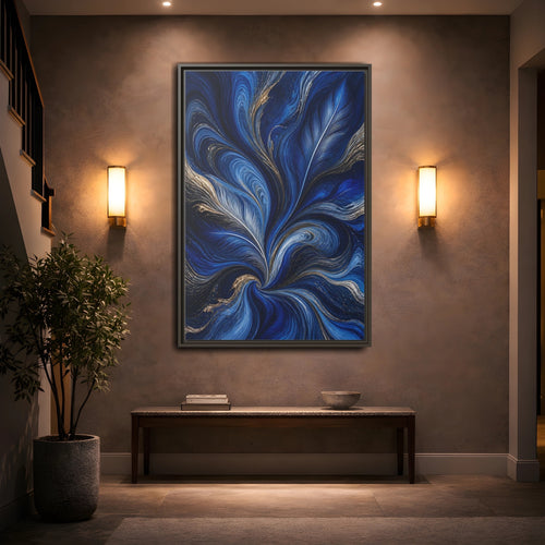 Mockup 2. Abstract Feather Swirls Blue And Gold Abstract shown as stretched canvas wall art