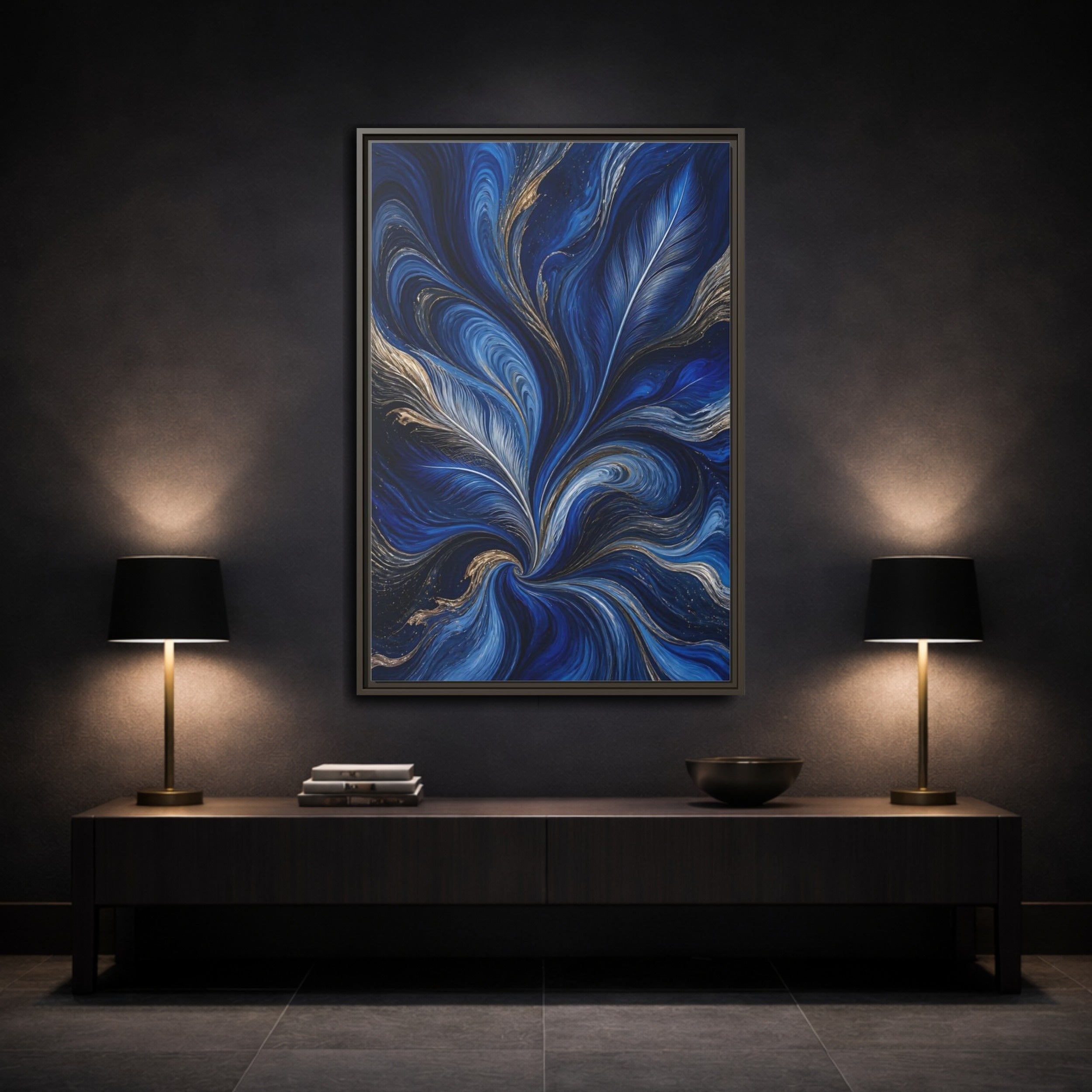 Mockup 3. Abstract Feather Swirls Blue And Gold Abstract shown as stretched canvas wall art