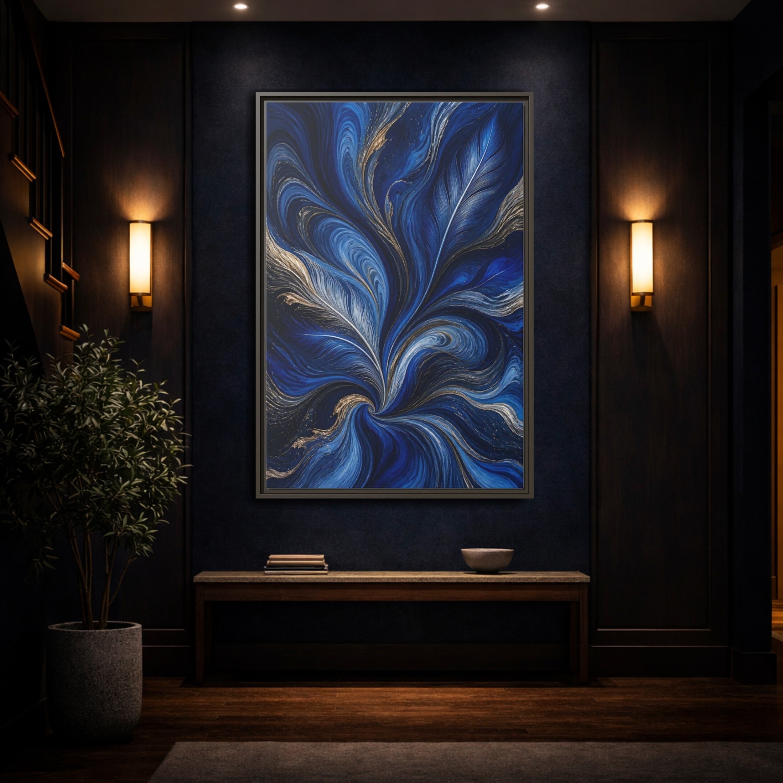 Mockup 4. Abstract Feather Swirls Blue And Gold Abstract shown as stretched canvas wall art