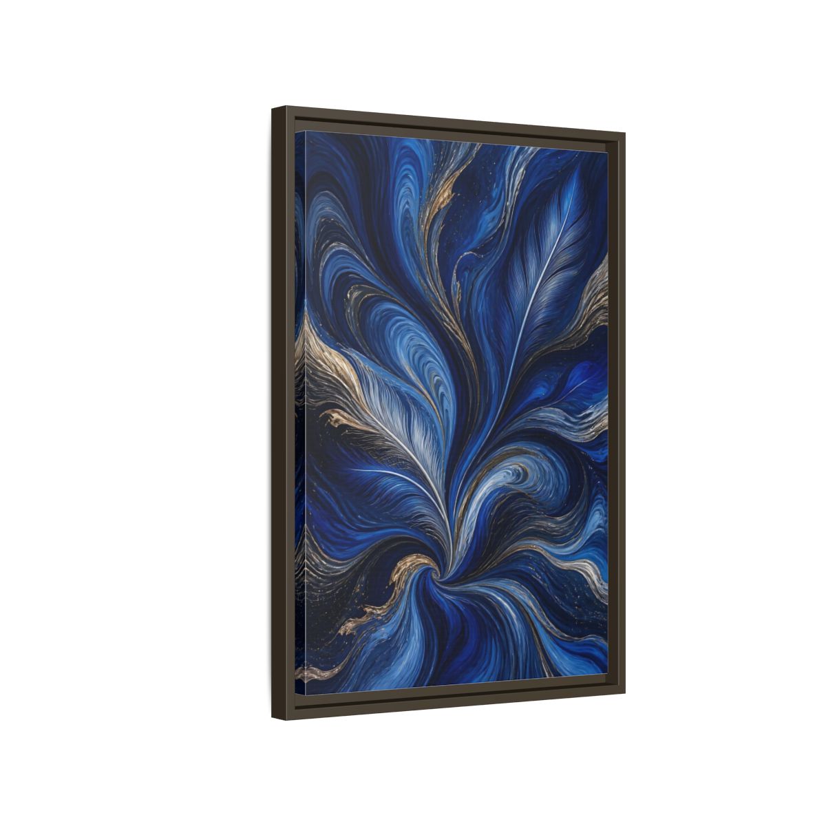 Side Mockup 2. Abstract Feather Swirls Blue And Gold Abstract shown as stretched canvas wall art