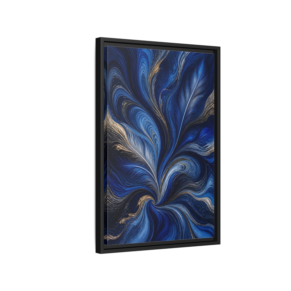Side Mockup 3. Abstract Feather Swirls Blue And Gold Abstract shown as stretched canvas wall art