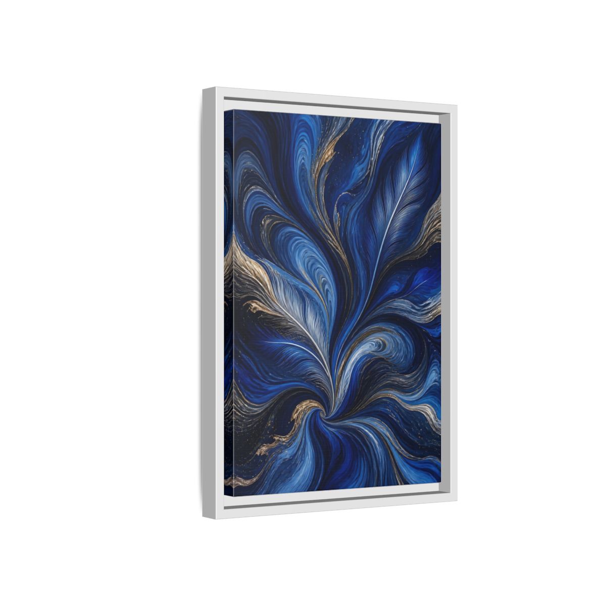 Side Mockup 4. Abstract Feather Swirls Blue And Gold Abstract shown as stretched canvas wall art