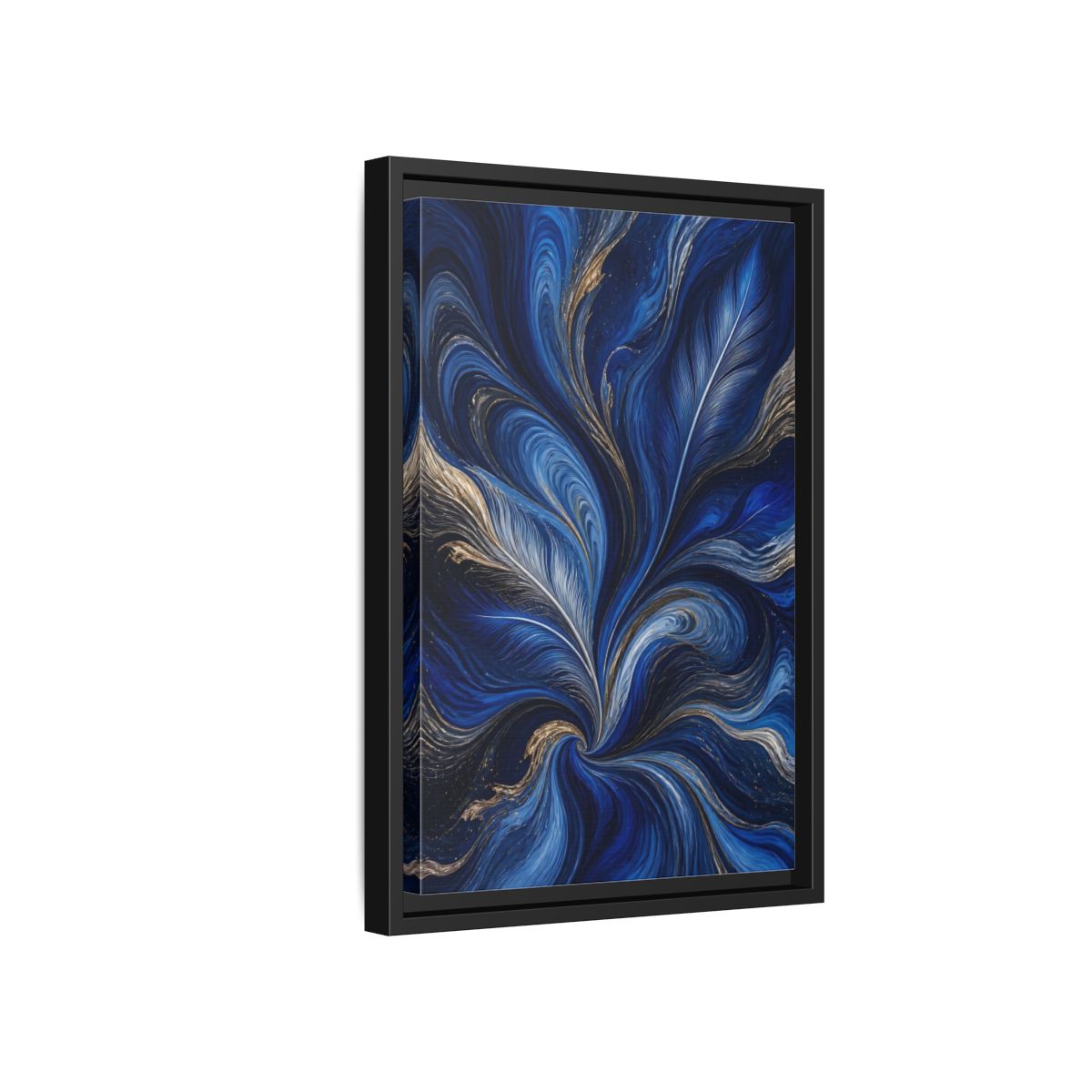 Side Mockup 6. Abstract Feather Swirls Blue And Gold Abstract shown as stretched canvas wall art