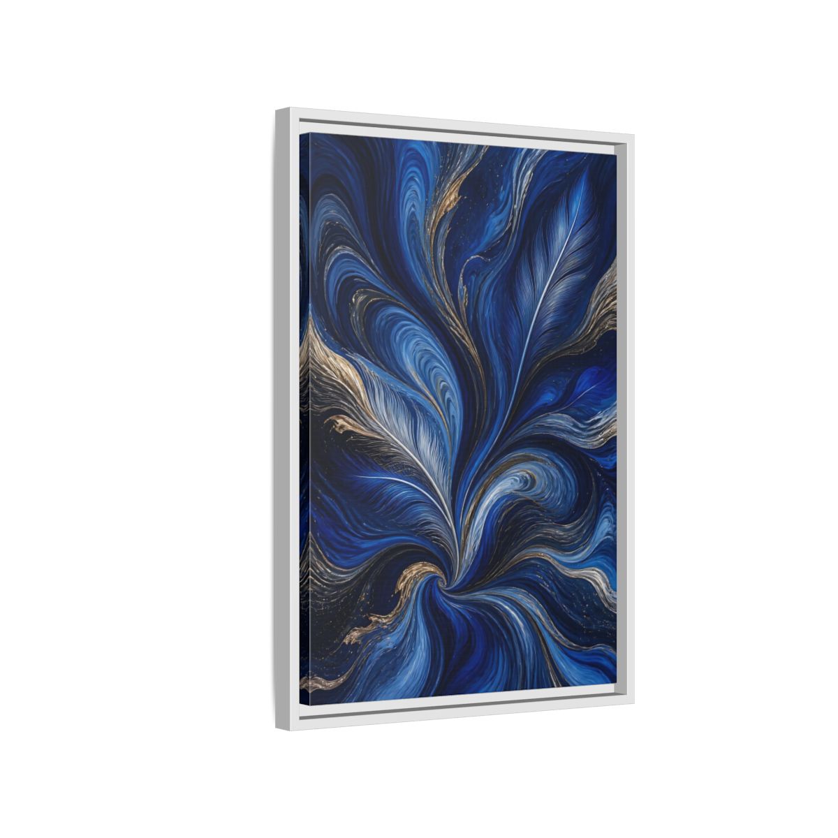 Side Mockup 1. Abstract Feather Swirls Blue And Gold Abstract shown as stretched canvas wall art