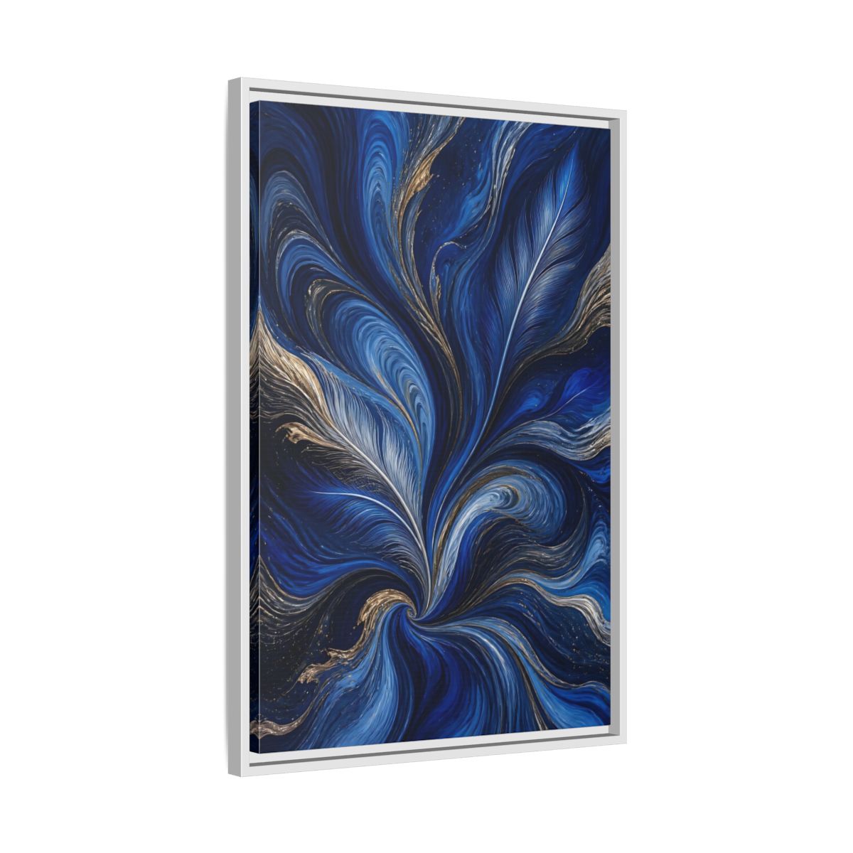 Side Mockup 10. Abstract Feather Swirls Blue And Gold Abstract shown as stretched canvas wall art