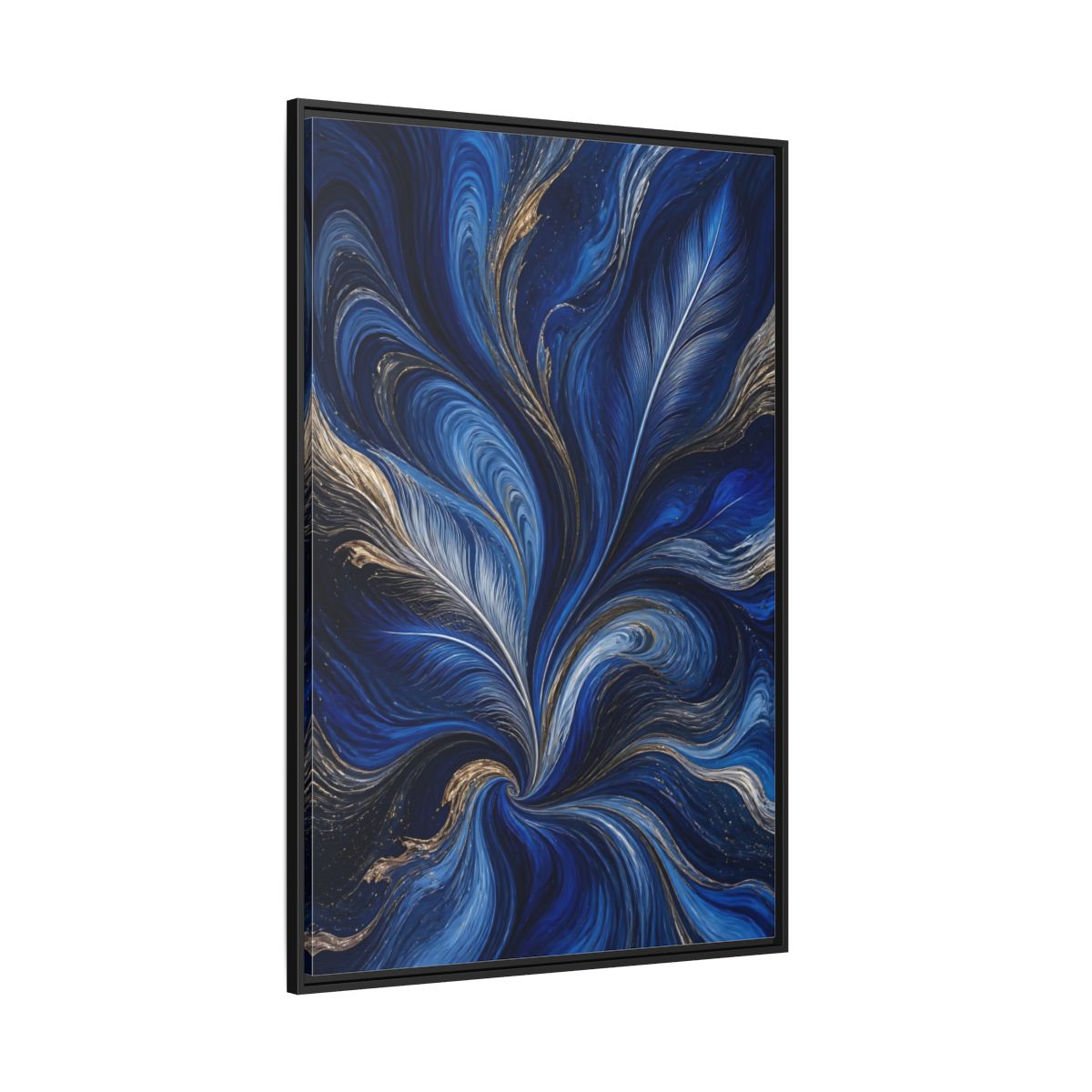 Side Mockup 12. Abstract Feather Swirls Blue And Gold Abstract shown as stretched canvas wall art