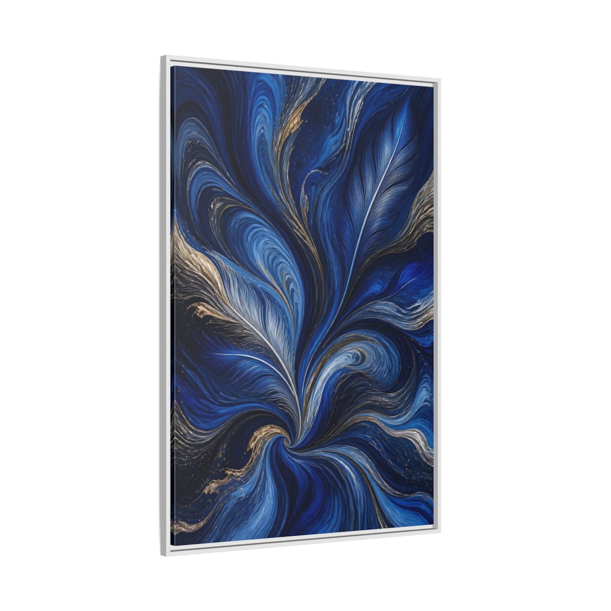 Side Mockup 7. Abstract Feather Swirls Blue And Gold Abstract shown as stretched canvas wall art