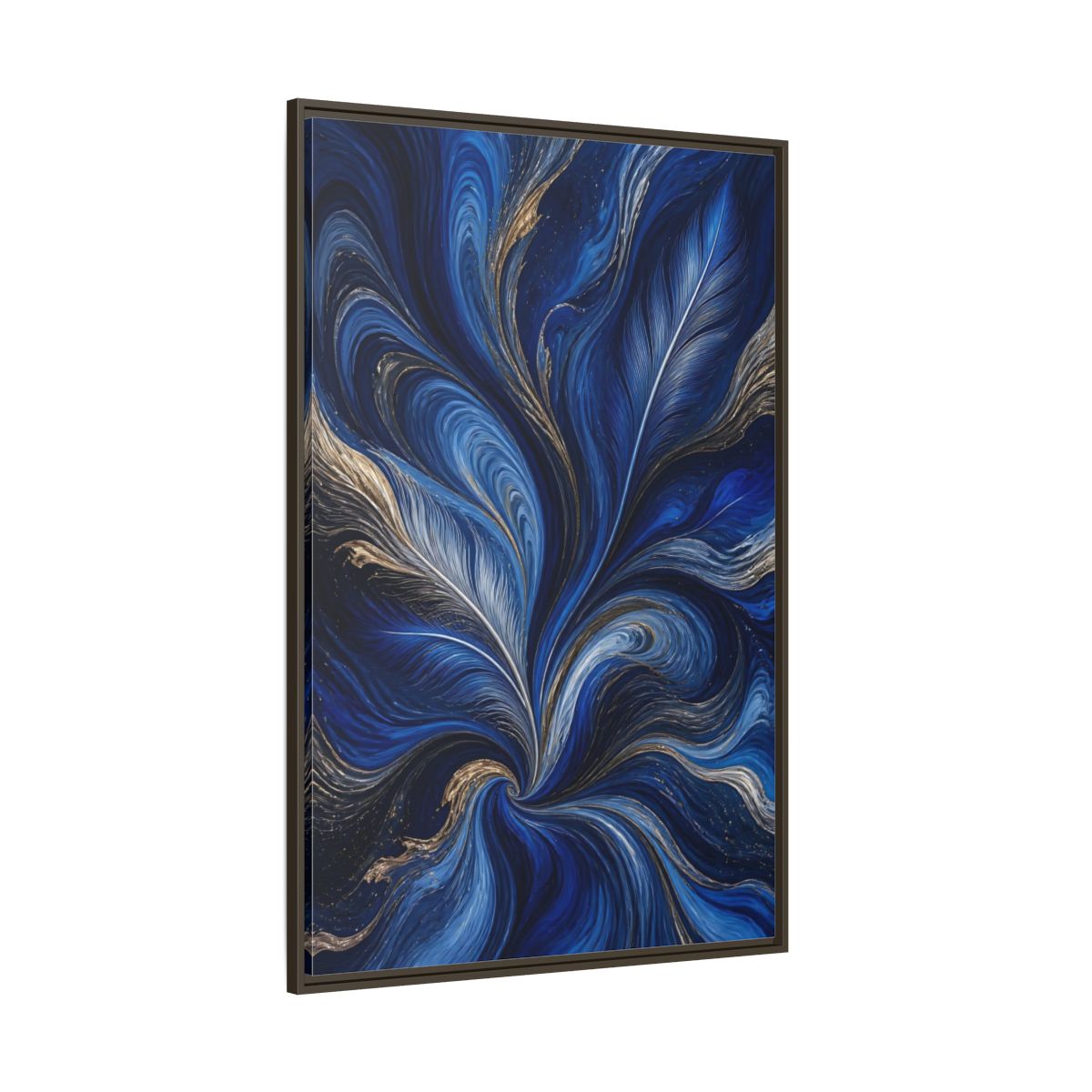 Side Mockup 8. Abstract Feather Swirls Blue And Gold Abstract shown as stretched canvas wall art