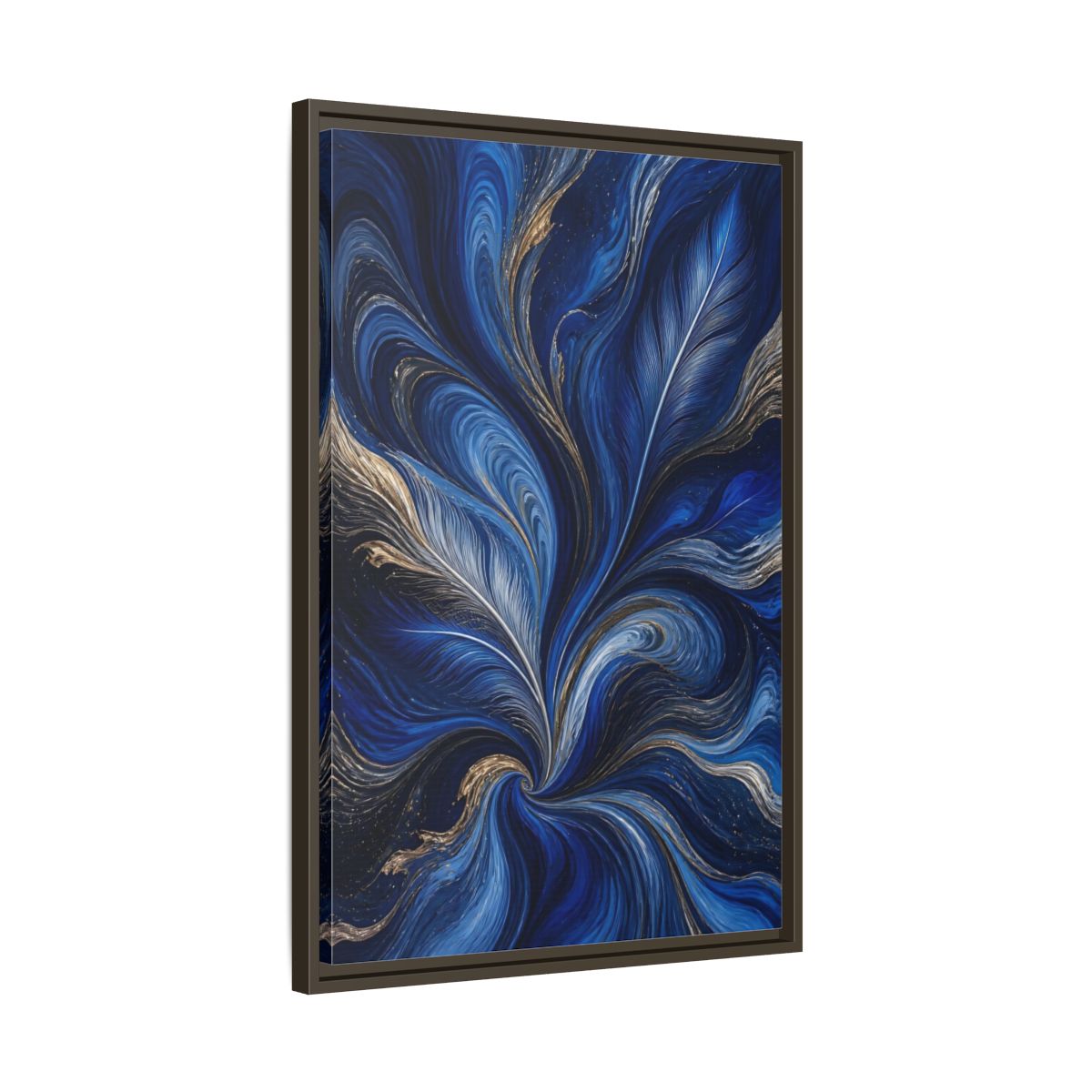 Side Mockup 11. Abstract Feather Swirls Blue And Gold Abstract shown as stretched canvas wall art