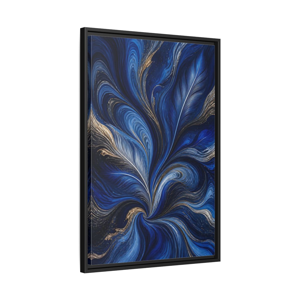 Side Mockup 14. Abstract Feather Swirls Blue And Gold Abstract shown as stretched canvas wall art