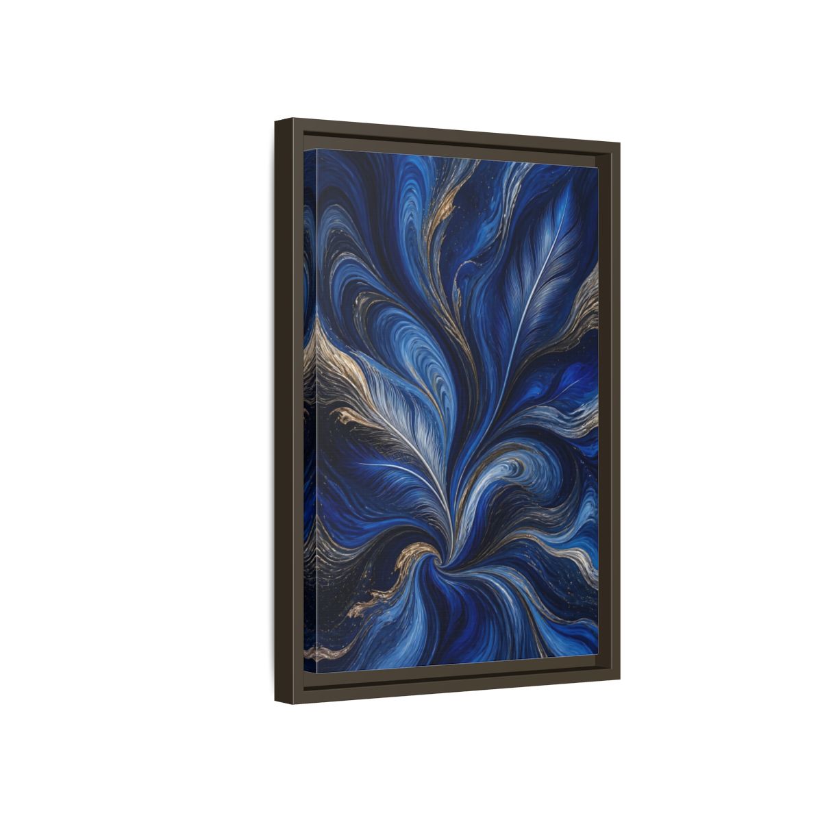 Side Mockup 5. Abstract Feather Swirls Blue And Gold Abstract shown as stretched canvas wall art