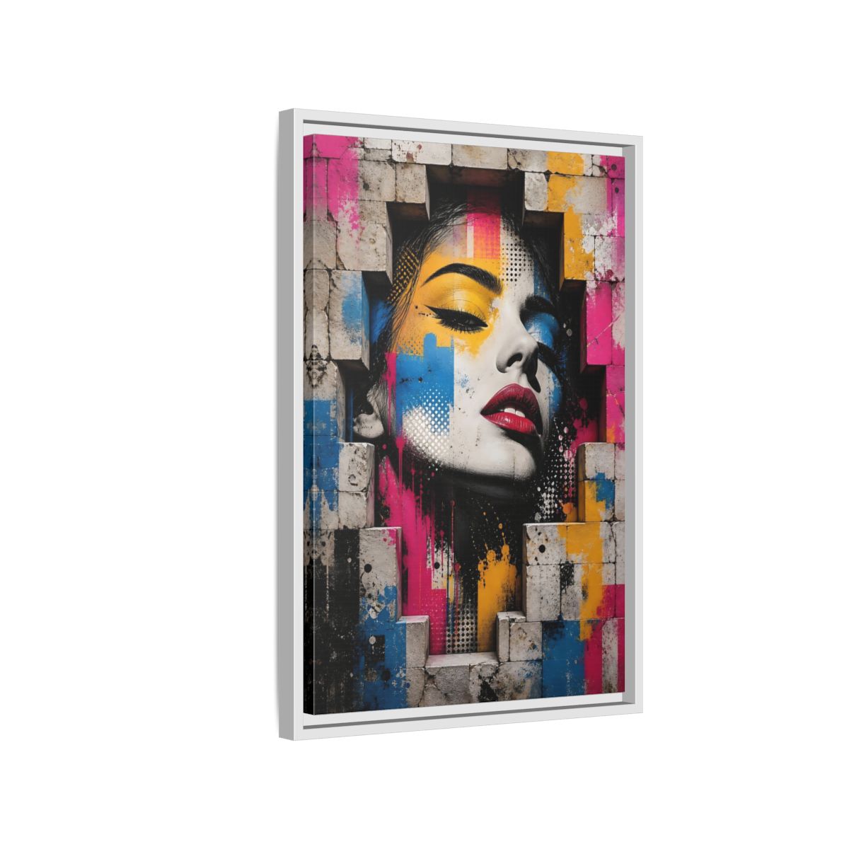 Side Mockup 1. Abstract Female Face Multicolor Graffiti shown as stretched canvas wall art
