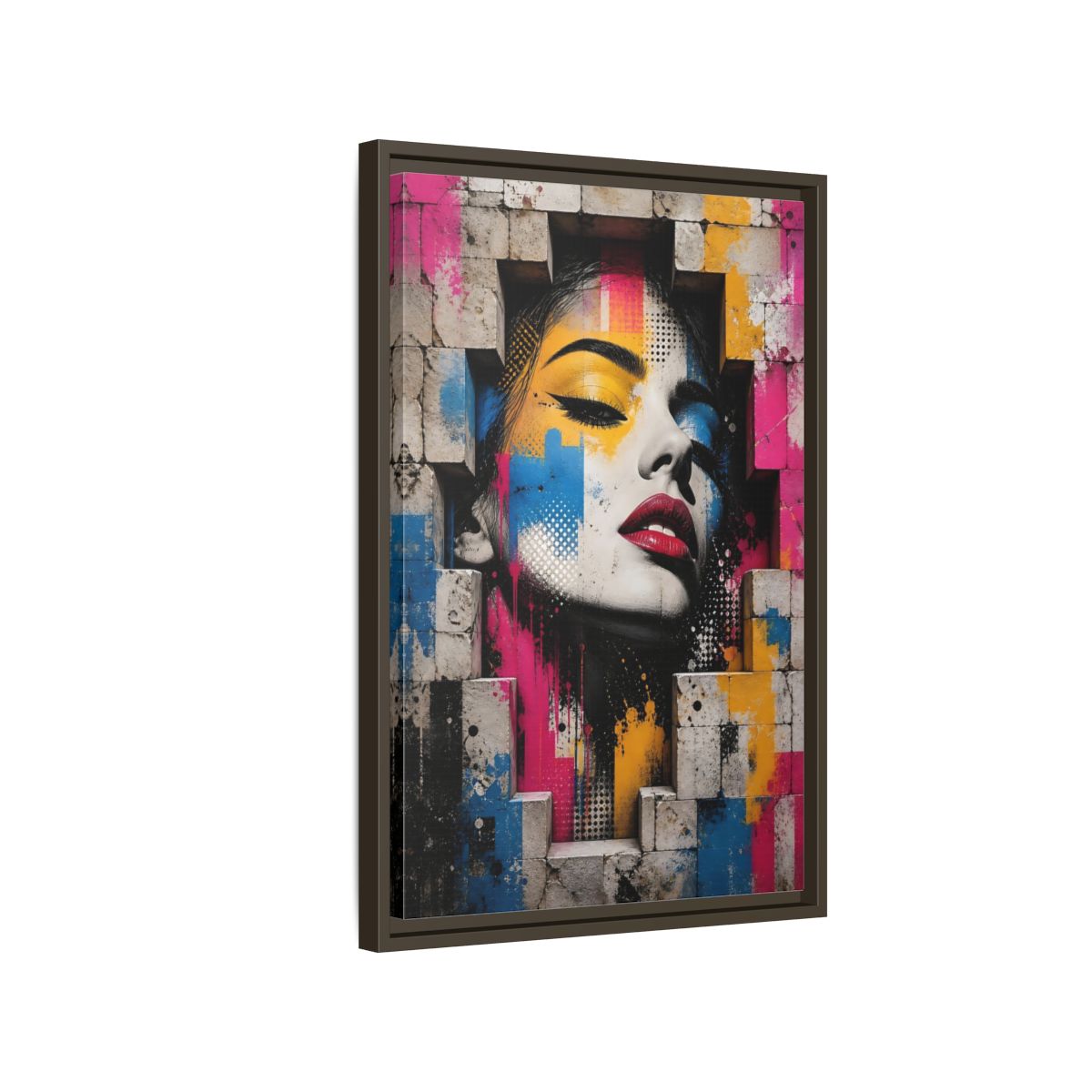Side Mockup 2. Abstract Female Face Multicolor Graffiti shown as stretched canvas wall art
