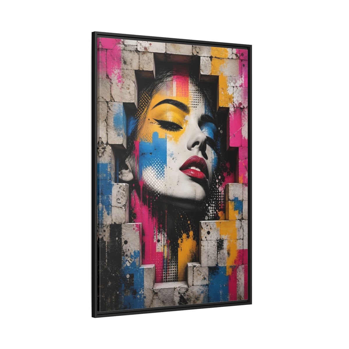 Side Mockup 12. Abstract Female Face Multicolor Graffiti shown as stretched canvas wall art