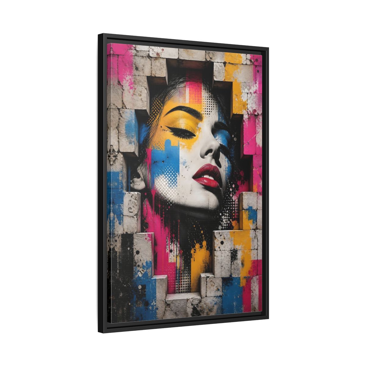 Side Mockup 14. Abstract Female Face Multicolor Graffiti shown as stretched canvas wall art