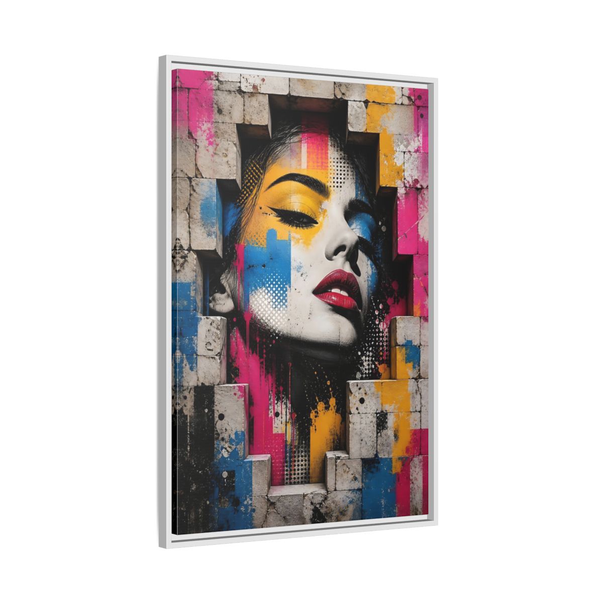 Side Mockup 9. Abstract Female Face Multicolor Graffiti shown as stretched canvas wall art