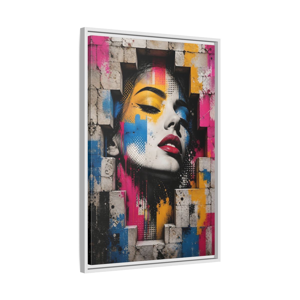 Side Mockup 10. Abstract Female Face Multicolor Graffiti shown as stretched canvas wall art