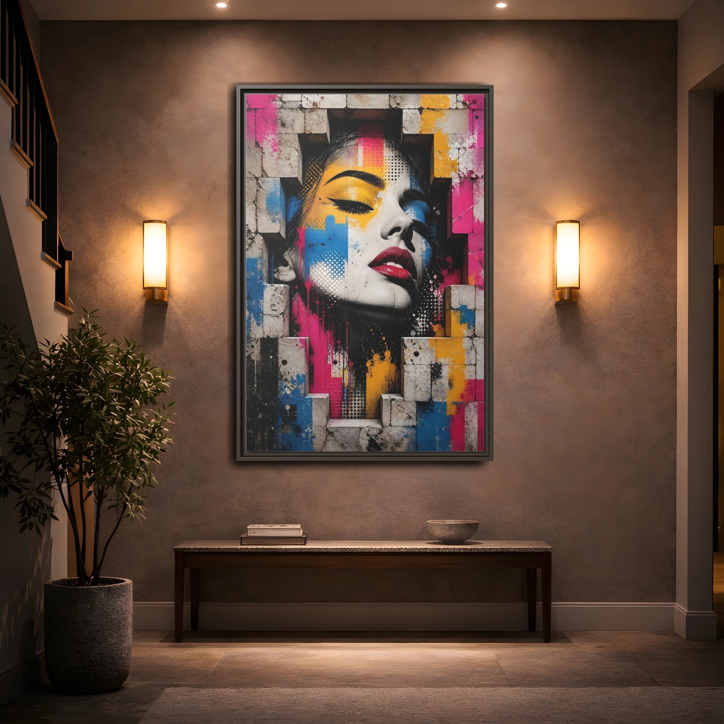 Mockup 2. Abstract Female Face Multicolor Graffiti shown as stretched canvas wall art
