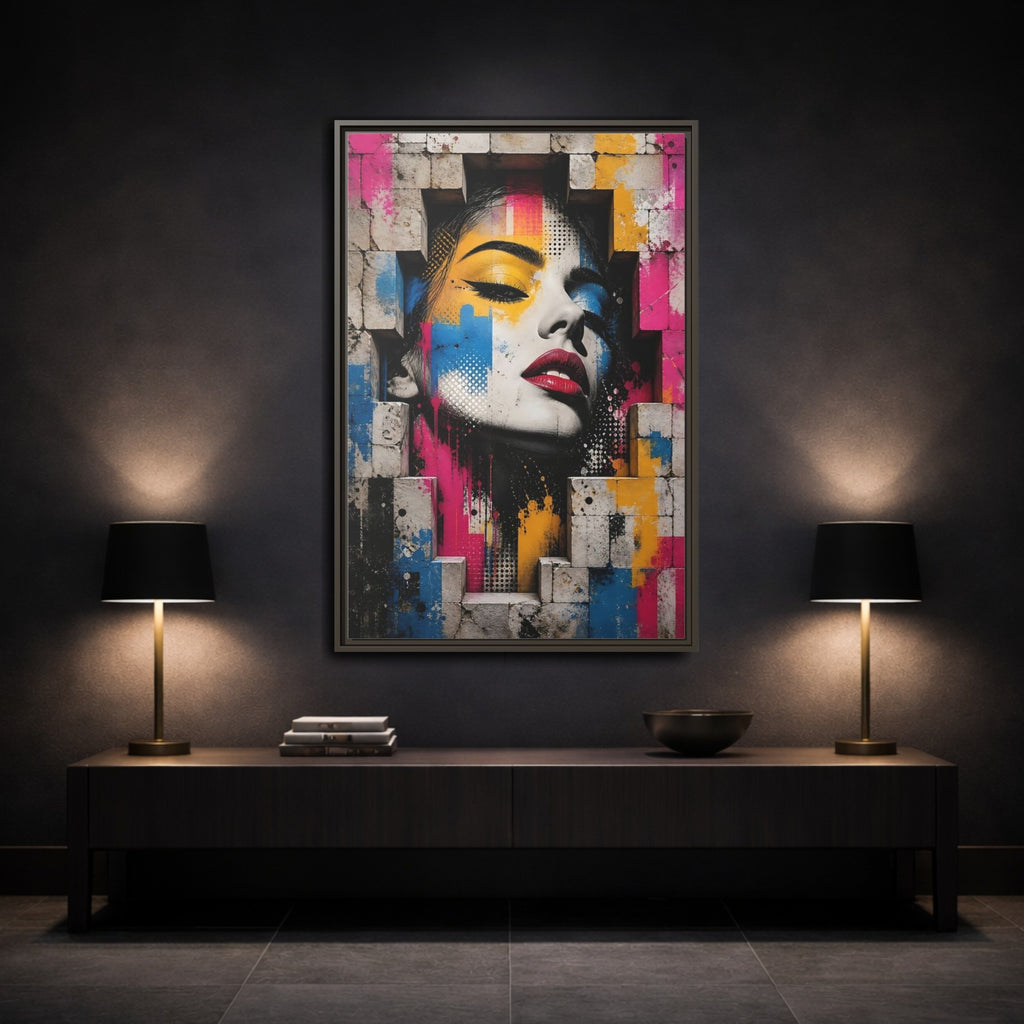Mockup 3. Abstract Female Face Multicolor Graffiti shown as stretched canvas wall art